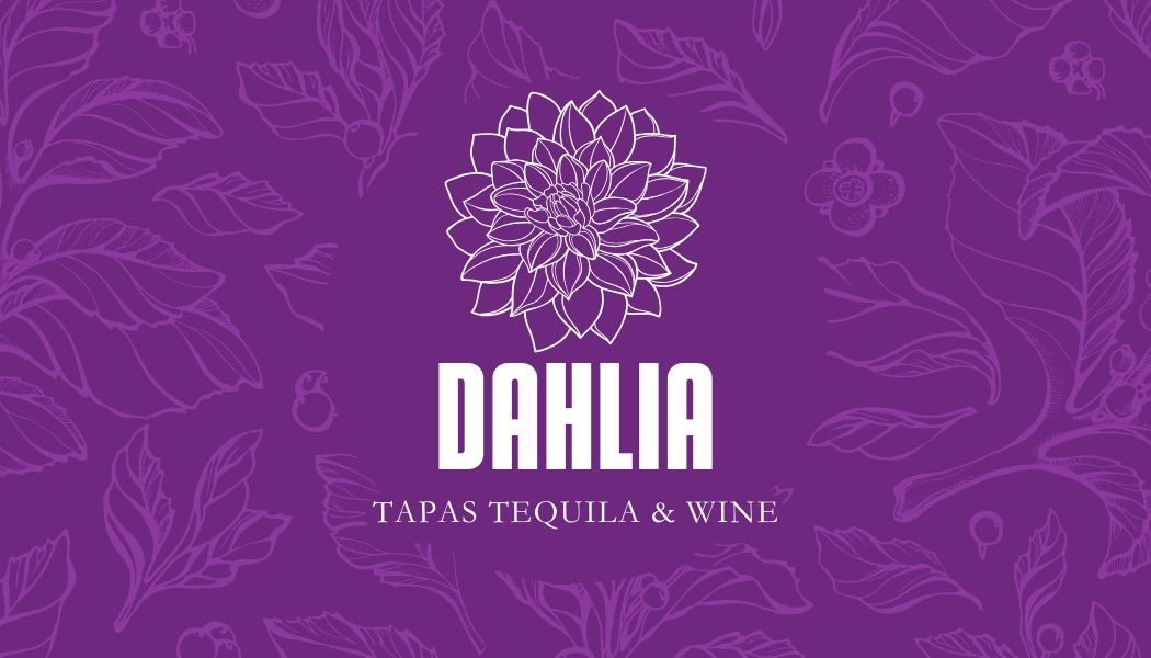 Purple logo for Dahlia Tapas Tequila & Wine with floral illustration and patterned background