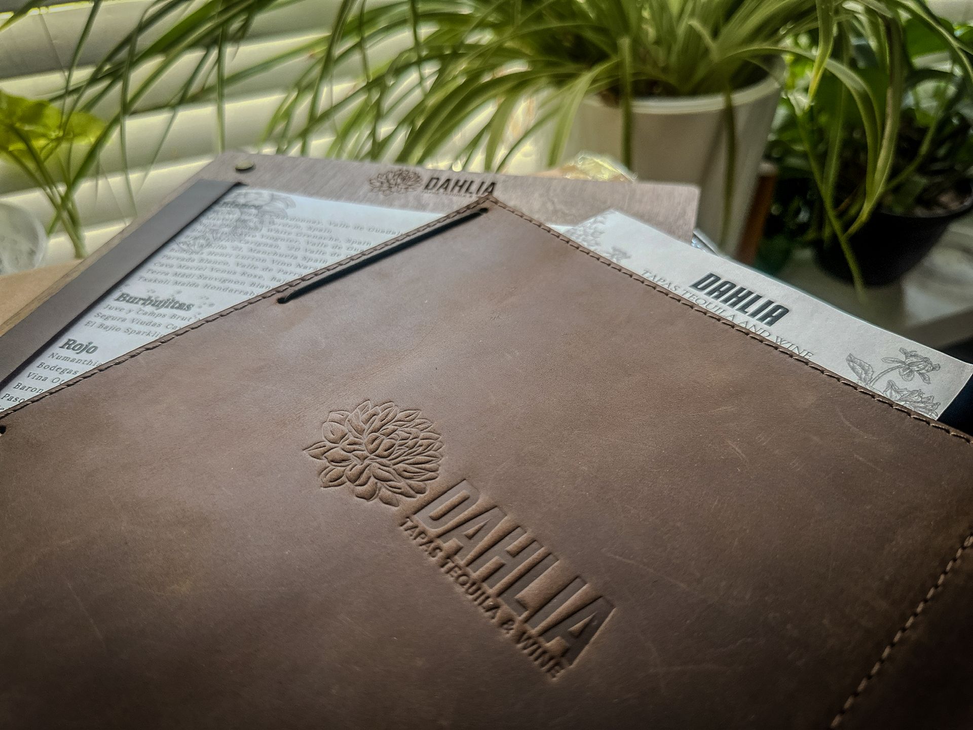 Brown leather notebook with embossed logo on a desk beside green plants