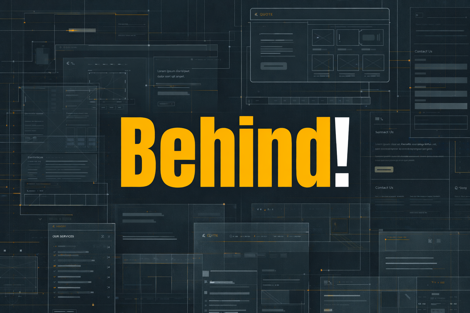 Large yellow “Behind!” text over a dark, futuristic interface background