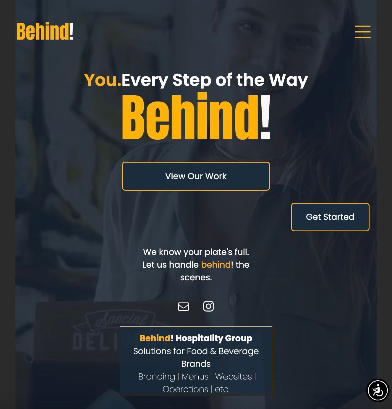 Dark website hero banner with “Behind!” headline and buttons for “View Our Work” and “Get Started”