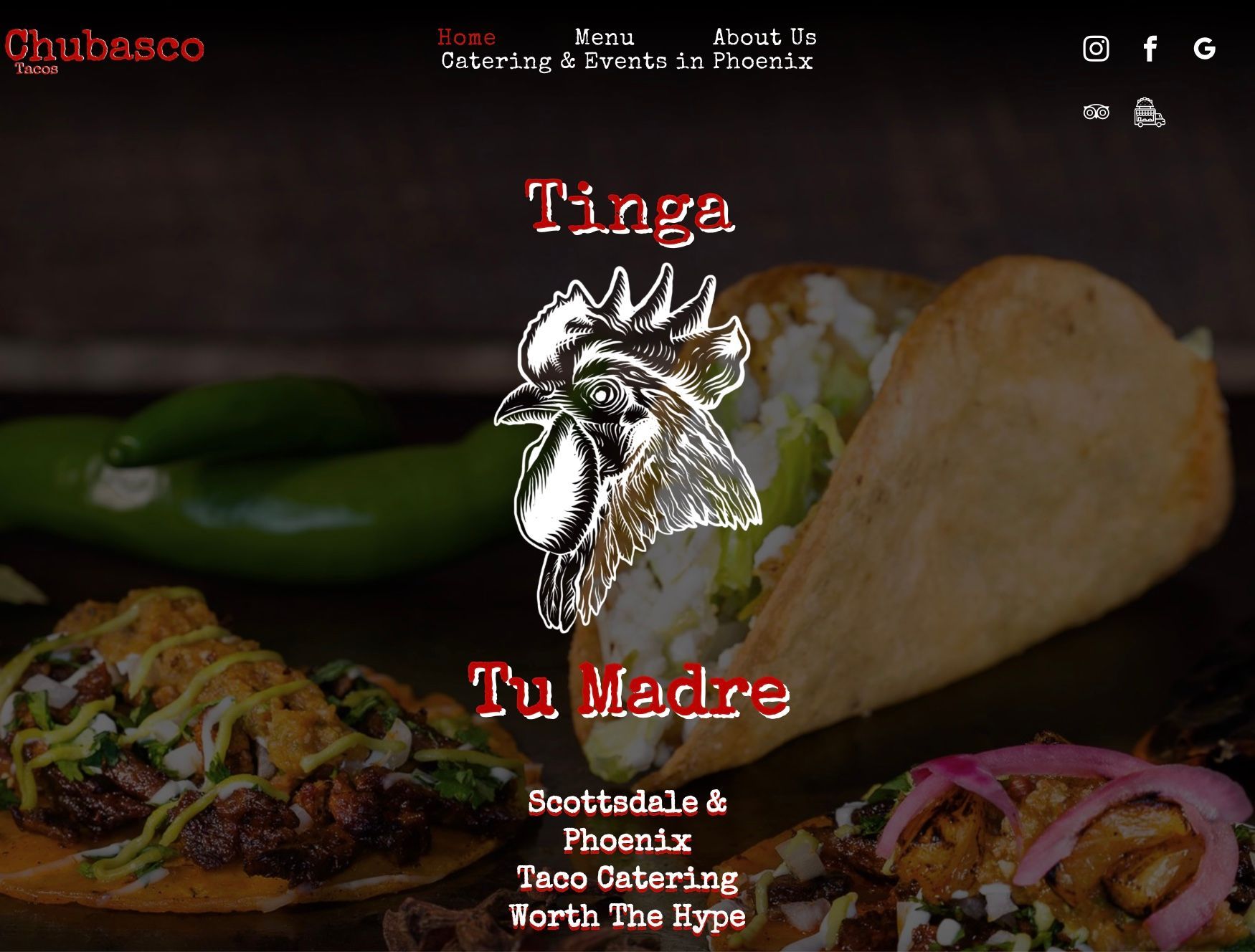 Restaurant menu page with red title, chicken logo, and taco photos on a dark background