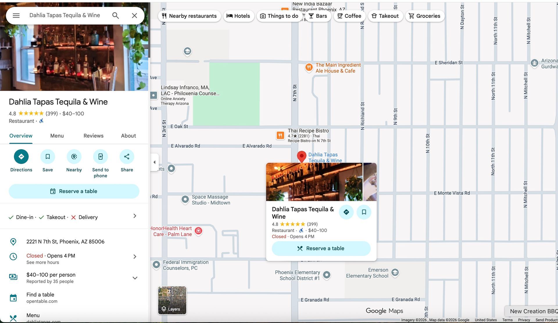 Mobile app screen with a map, event listing card, and sidebar showing venue details and buttons