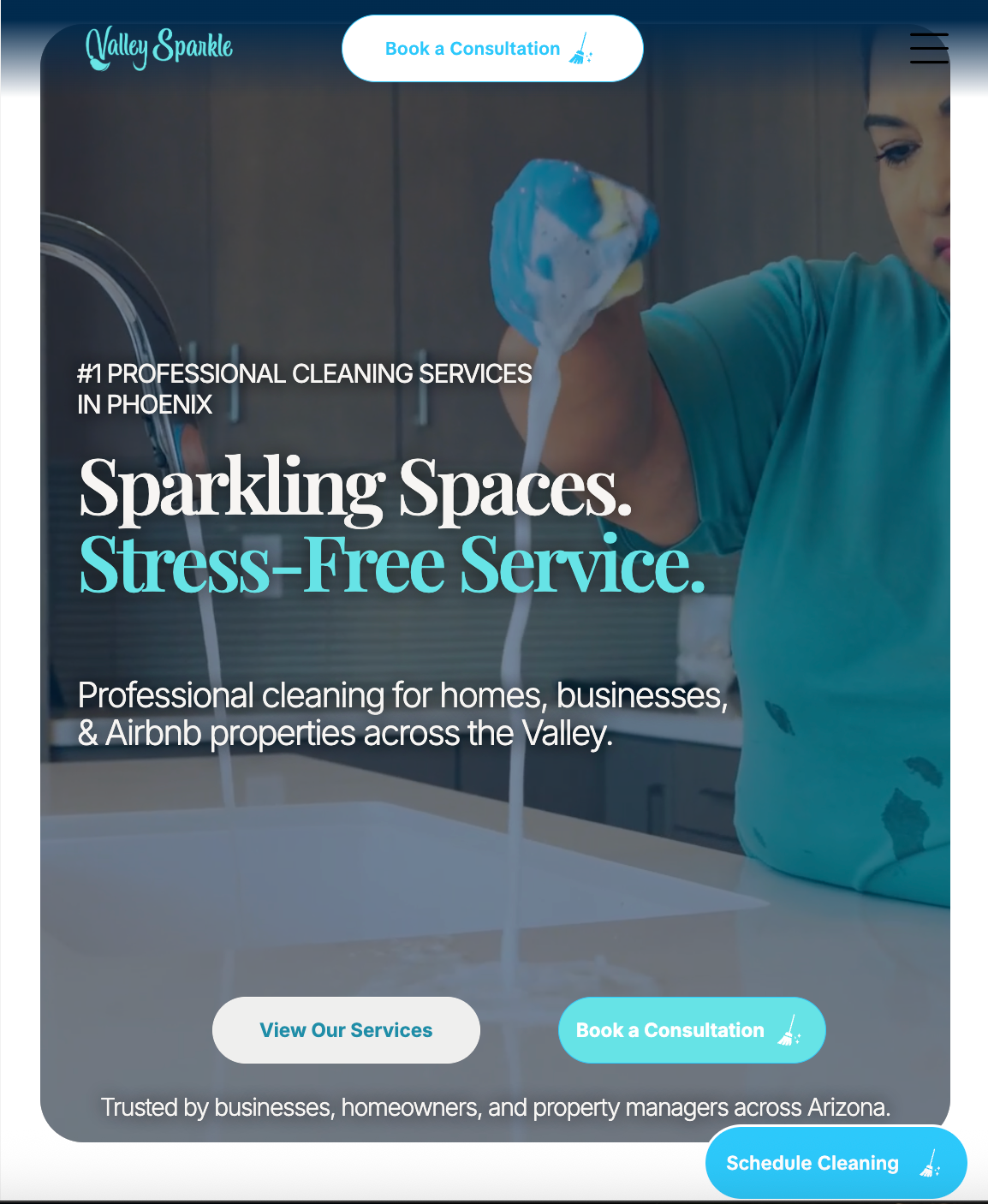 Valley Sparkle cleaning service homepage with cleaner in teal gloves and headline “Sparkling Spaces. Stress-Free Service.”