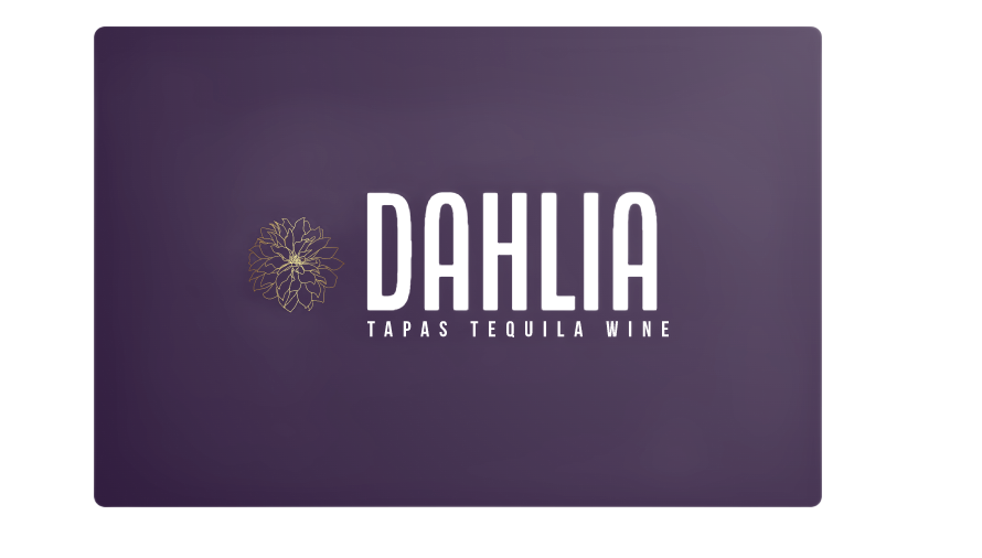 Purple logo for Dahlia tapas tequila wine with gold floral emblem and white text