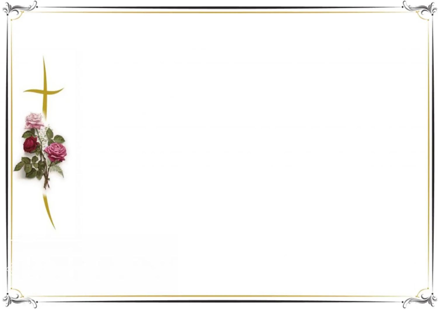 Croce dorata e rose su sfondo bianco con bordo decorativo.