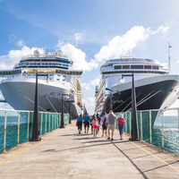 Two cruise ships docked beside a pier with tourists walking between them under a bright blue sky