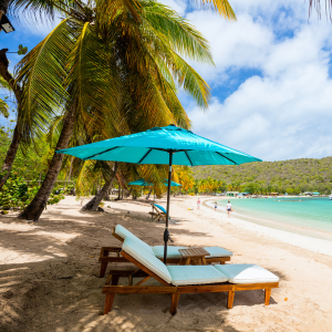 Palm-shaded tropical beach with turquoise umbrella and lounge chairs by calm blue water