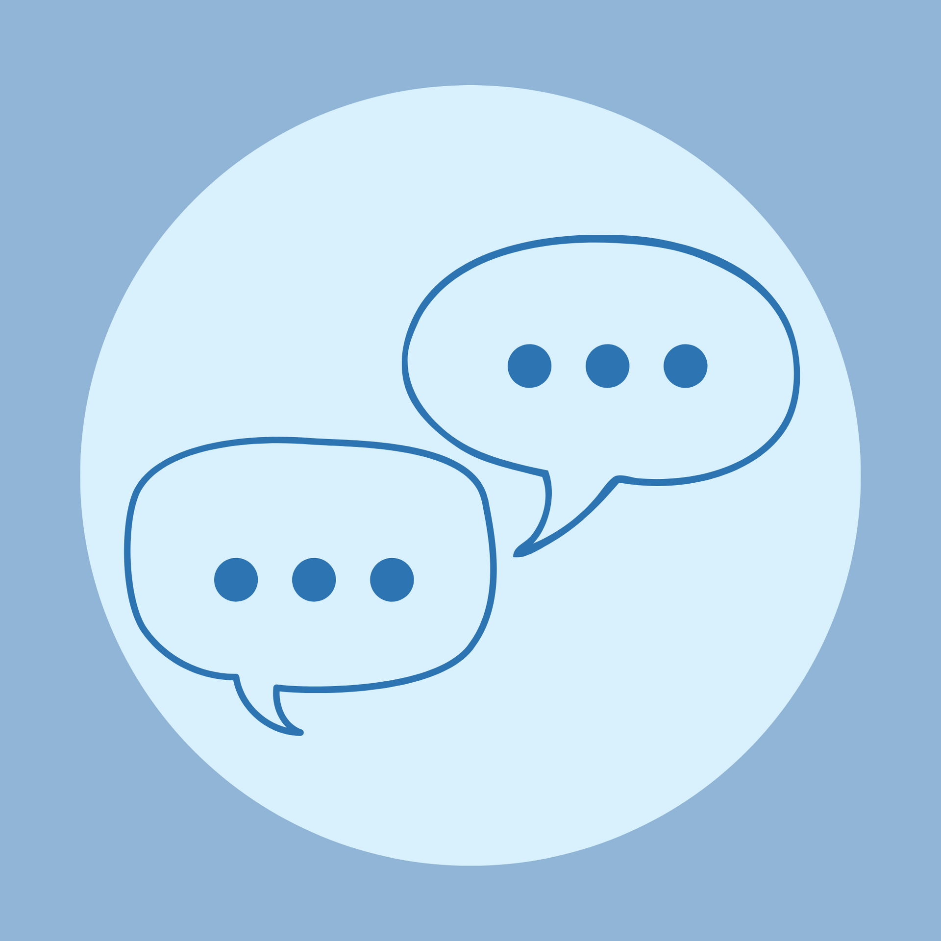 Two speech bubbles with three dots on them are in a circle on a blue background.