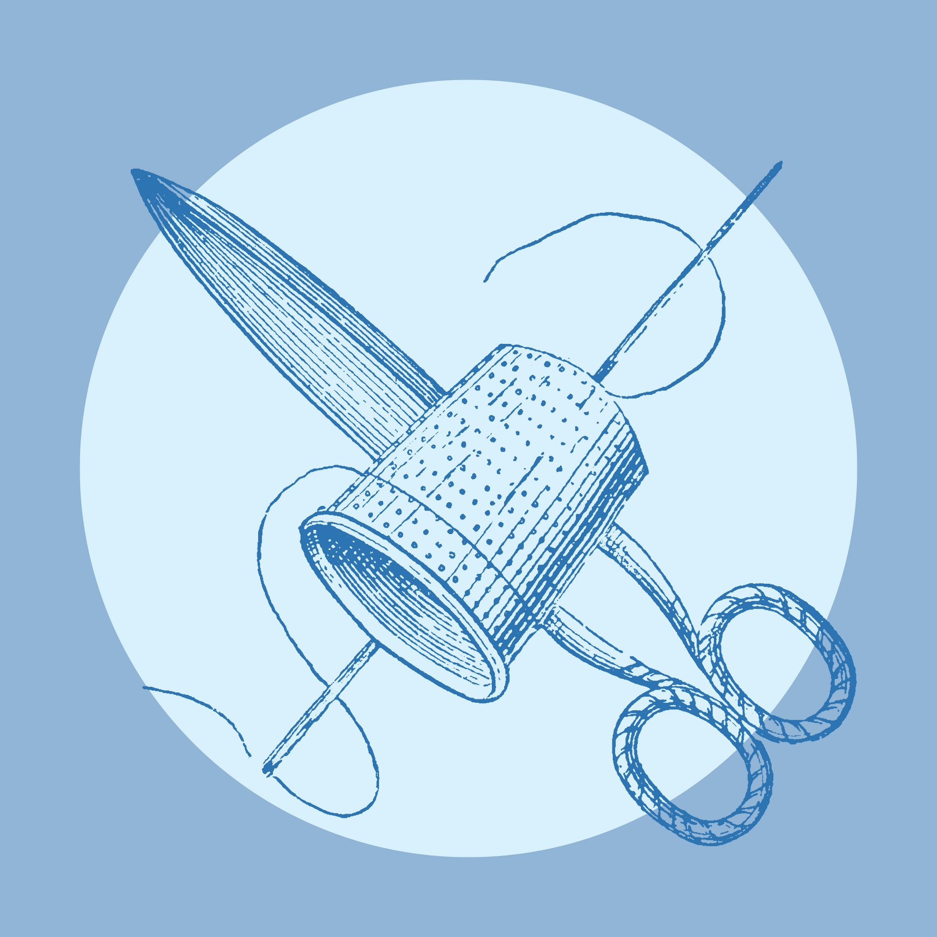 Sewing Group Scissors with thread and thimble