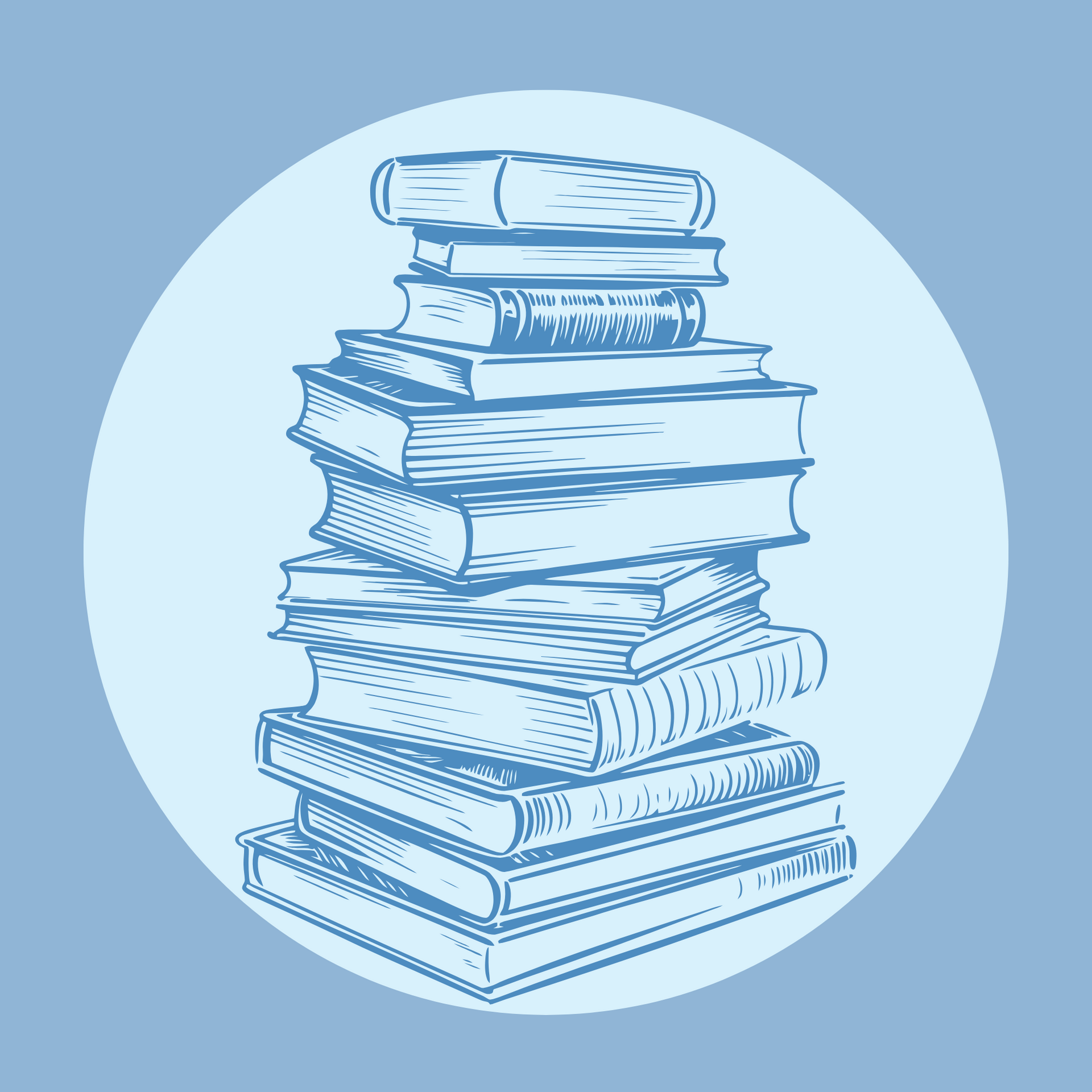 A stack of books is sitting on top of each other on a blue background.