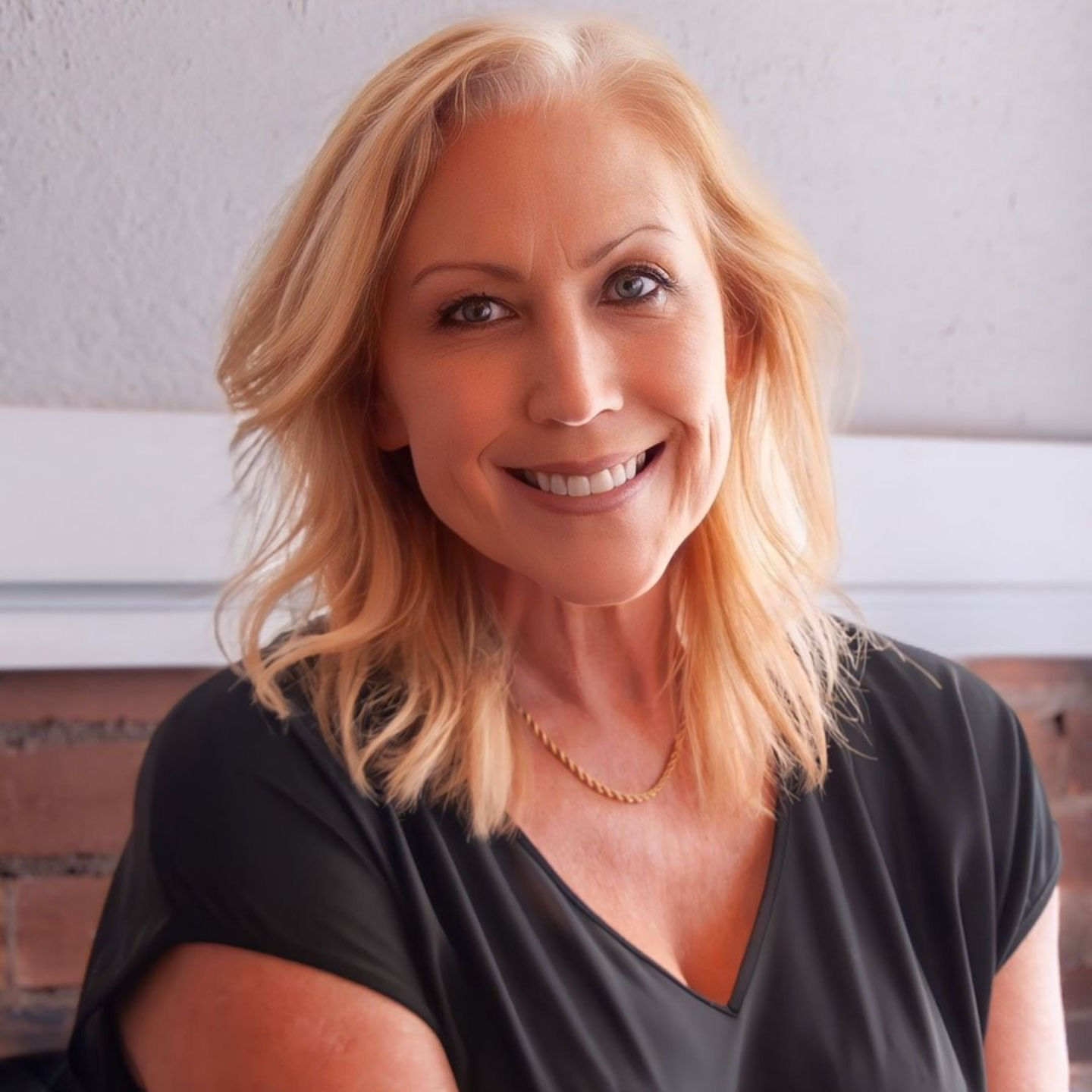 Heidi Little — Laramie, Wy — Luna Salon & Spa Smiling blonde woman in a black top, seated indoors against a light wall.