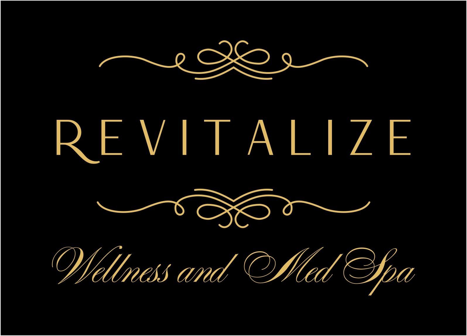 Black logo for Revitalize Wellness and Med Spa with gold decorative accents and script text
