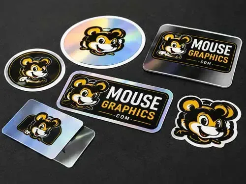 Mousegraphics logo stickers in custom shapes and finishes