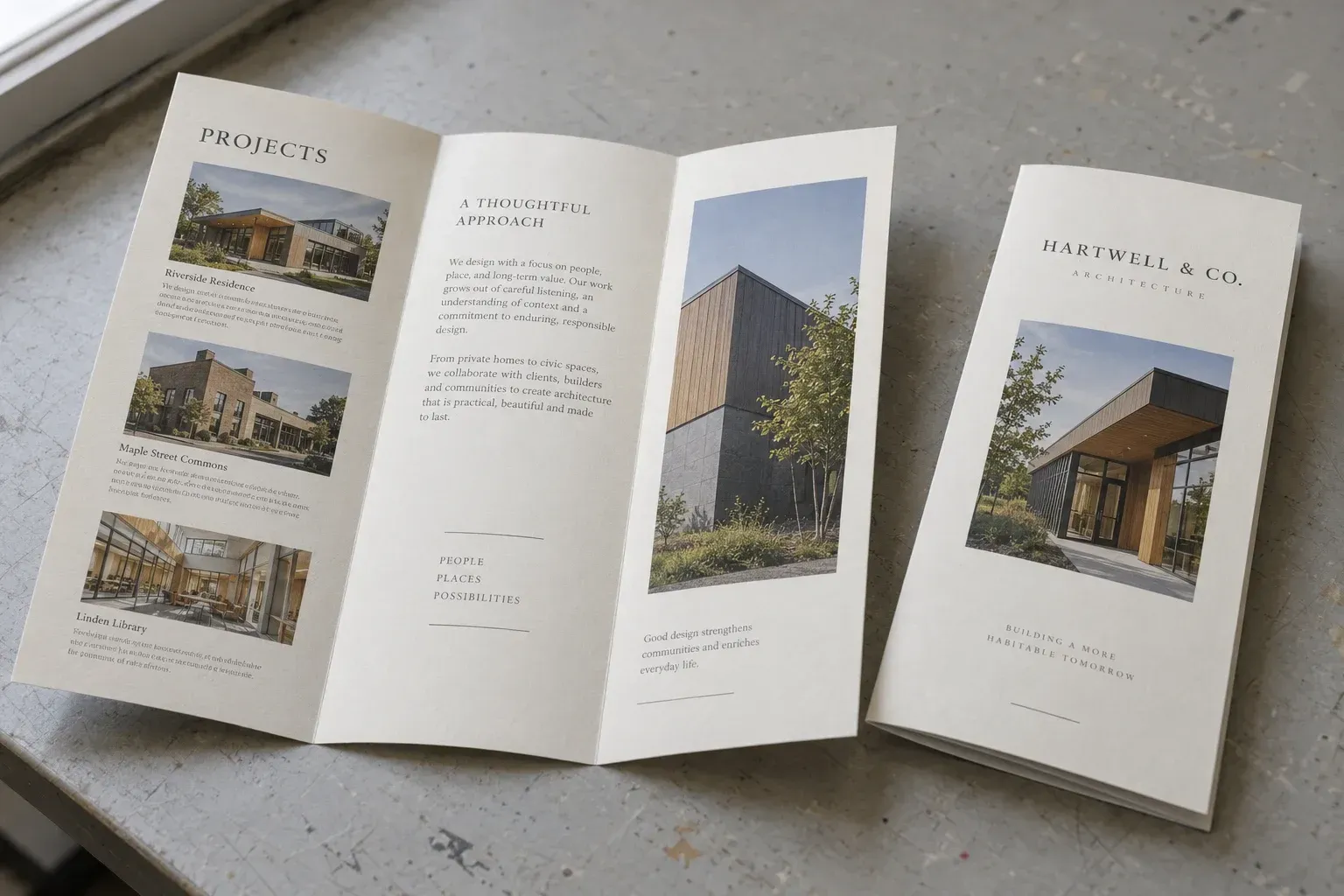 Example of an open and folded architectural brochure with natural paper texture