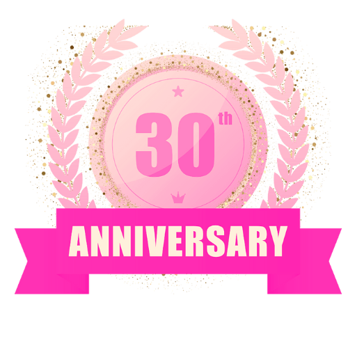 A pink 30th anniversary logo with a laurel wreath