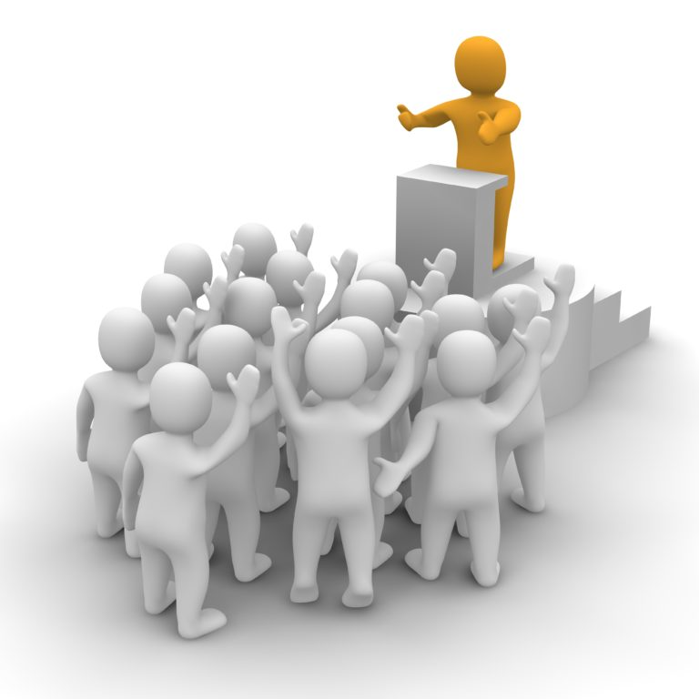 cartoon speaker talking to audience