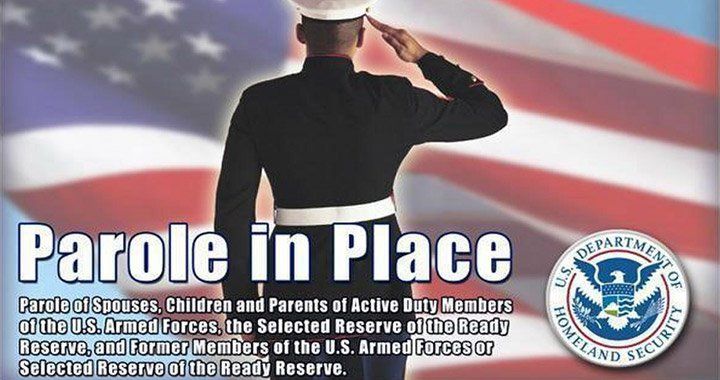 Parole in Place text over an image of a soldier saluting the american flag
