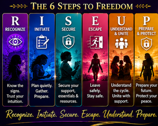 The 6 steps to freedome, RISEUP graphic