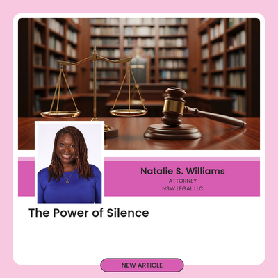 Book cover titled “The Power of Silence” with law books, scales, a gavel, and a portrait inset on a pink banner.