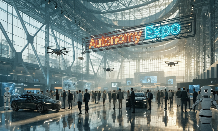 Autonomy Exposition with Autonomy Expo Neon sign.  Scene features delivery drones, self driving cars, robotics and human visitors