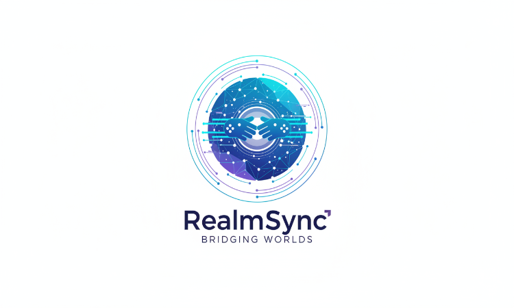 Logo of RealmSync: blue and white circular design with hands merging, text 