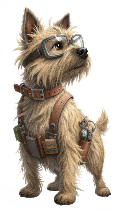 Terrier dog in technician outfit, with goggles and tool belt. Tech terrier
