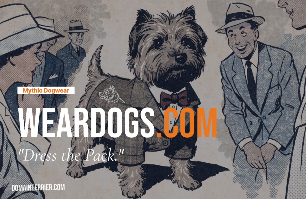Logo for Weardogs.com: A dog wearing a bow tie and hats, with text and a bow tie icon.