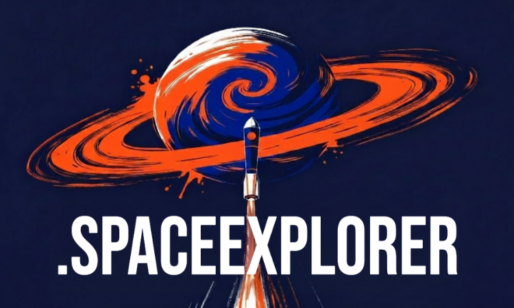 Space Explorer logo: blue and orange hexagon with stars, interconnected nodes, and a planet.