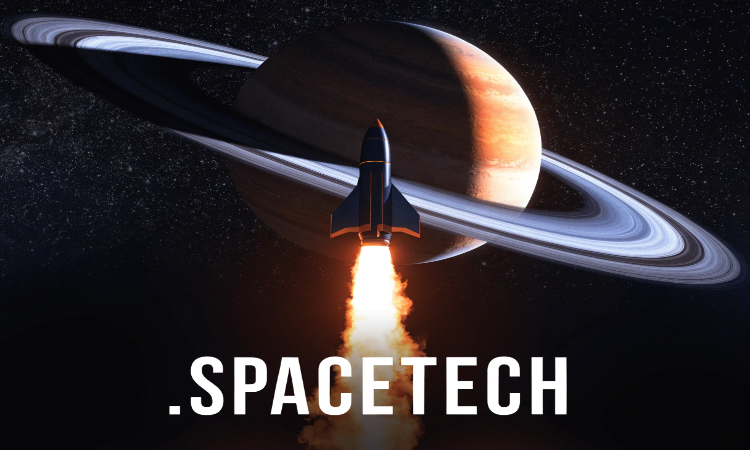 Logo for SpaceTech: Dark blue text with orange swoosh, white background.