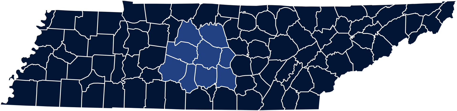 Tennessee County Map - 9 counties in middle TN highlighted with blue