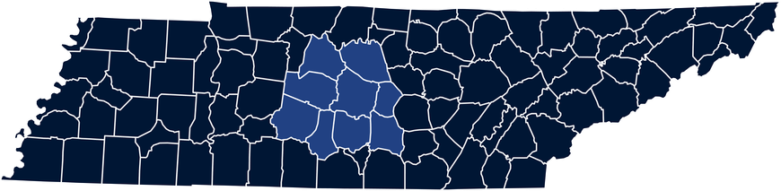 Tennessee County Map - 9 counties in middle TN highlighted with blue