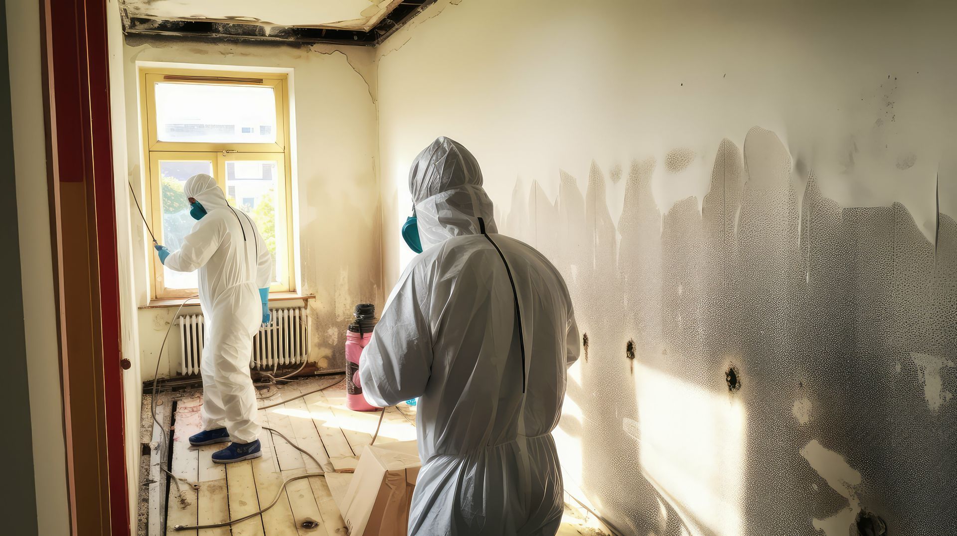 man in hazmat suit working in a home