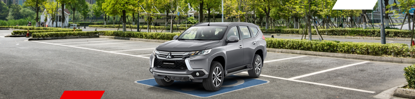 SUV cinza estacionado em vaga reservada para deficientes, em um estacionamento com árvores ao fundo.