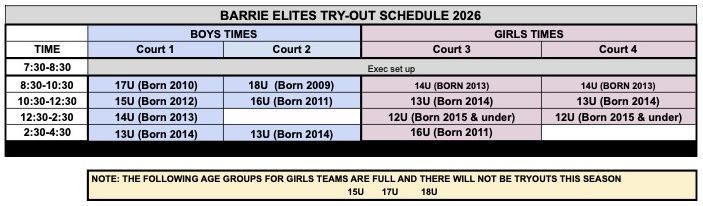 2026 BARRIE ELITES TRYOUT SCHEDULE!