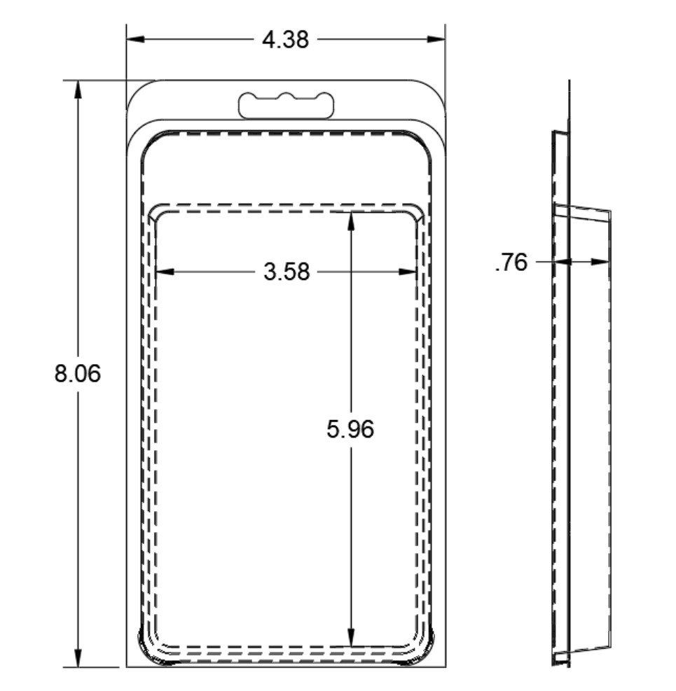 A black and white drawing of a plastic tray with measurements.
