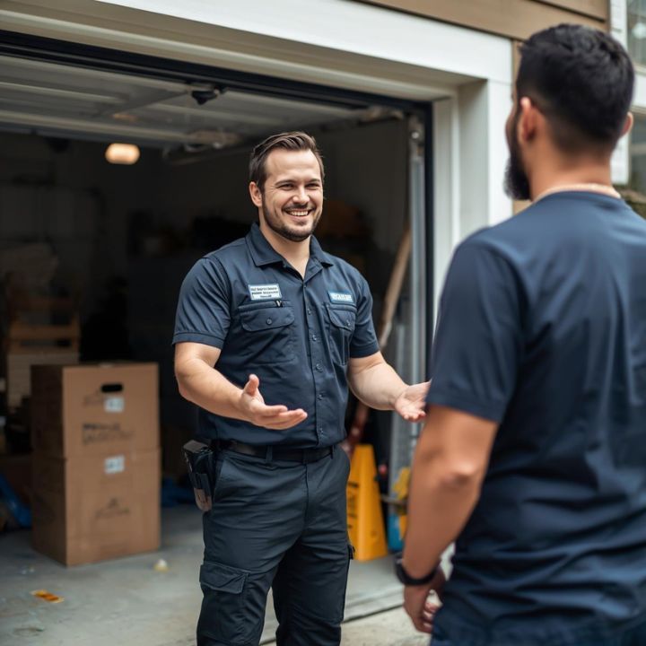 Man in work uniform talking to another man in front of an open garage.