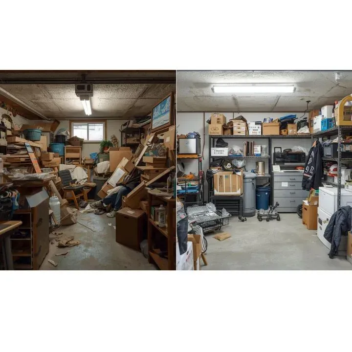 Before and after junk hauling Milwaukee basement cleanout showing cluttered space transformed