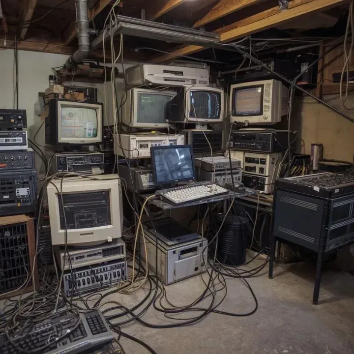 Pile of old electronics awaiting disposal in a Milwaukee basement, including monitors, keyboards, and tangled cords
