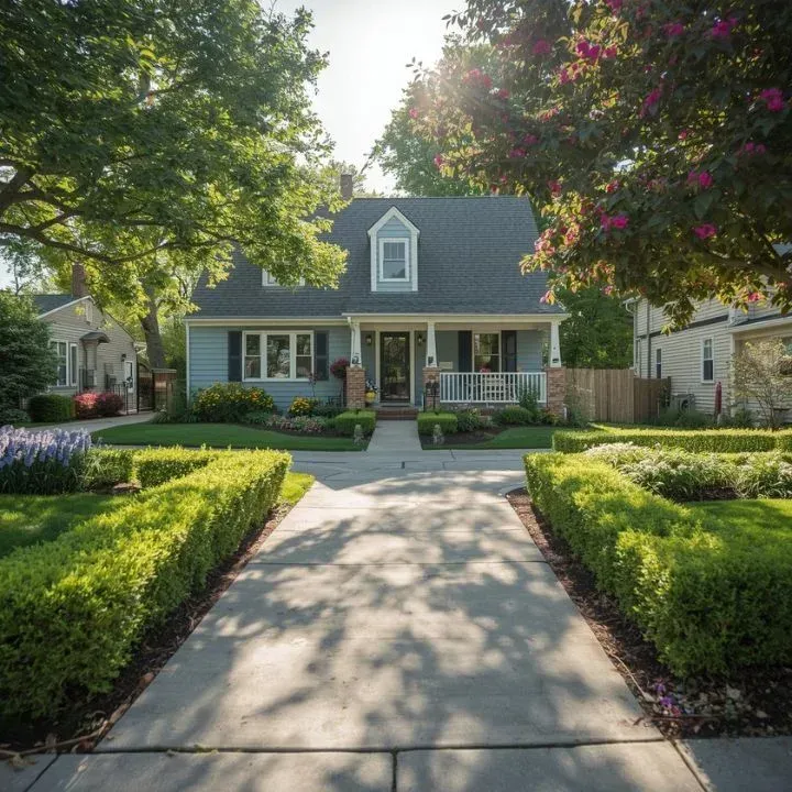 A blue house with a well-manicured yard and walkway. Green hedges and trees frame the home.