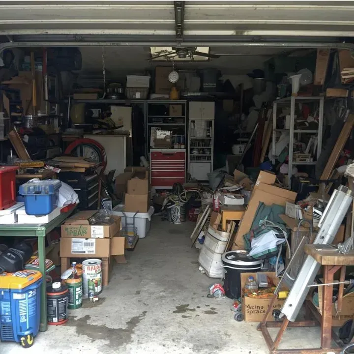 Cluttered garage filled with tools, boxes, and various items; concrete floor, open garage door at top.