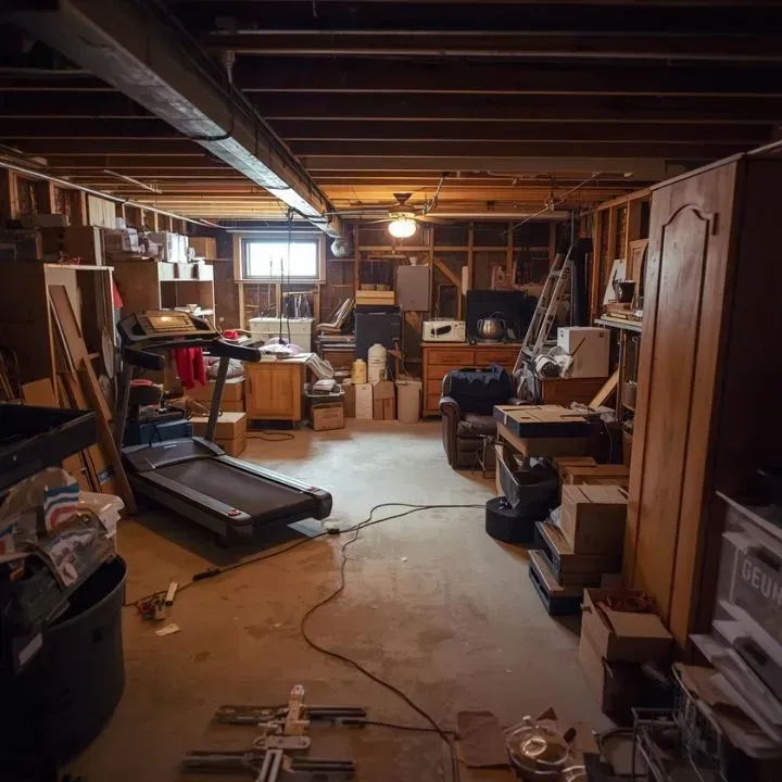 Cluttered Milwaukee basement before junk removal showing stored furniture, exercise equipment, and household items awaiting pickup