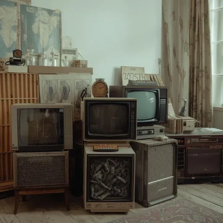 Stack of old, dusty televisions, radios, and cabinets in a room with a map and curtains.