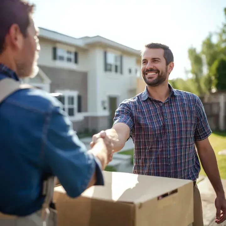 Man shakes hands with delivery person, box between them, in front of a house.