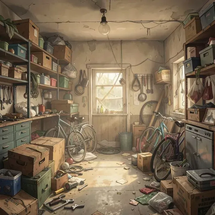 Cluttered garage with boxes, tools, and bicycles. Shelves line walls. Natural light streams through the window.