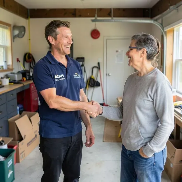 A man and woman shake hands in a garage, smiling. The man wears a navy shirt, and the woman wears a gray sweatshirt.