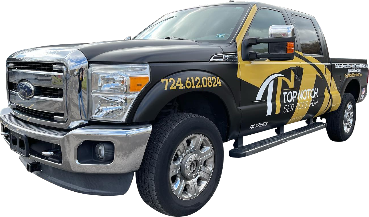 Black and gold Ford pickup truck with company logo and phone number on side; parked outdoors.