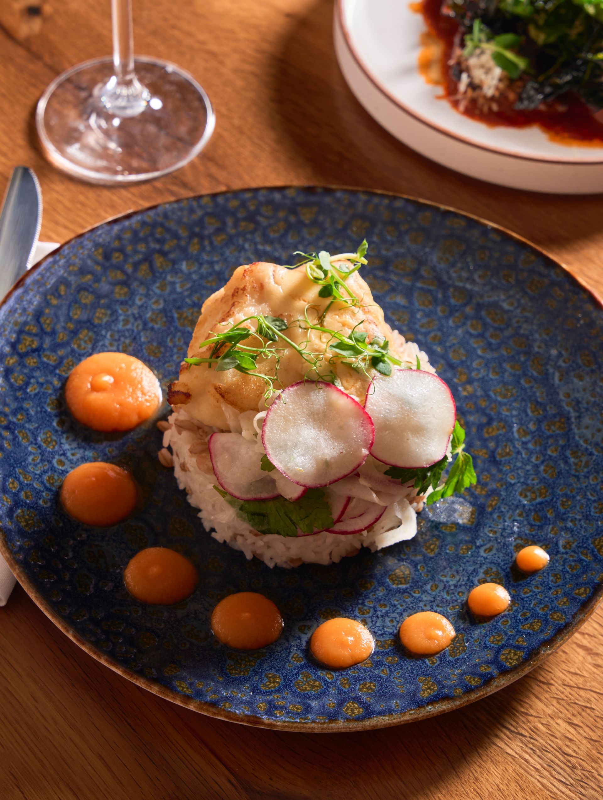 Close-up of a plated dish: white fish atop rice with radish slices and sauce dots on a blue plate.