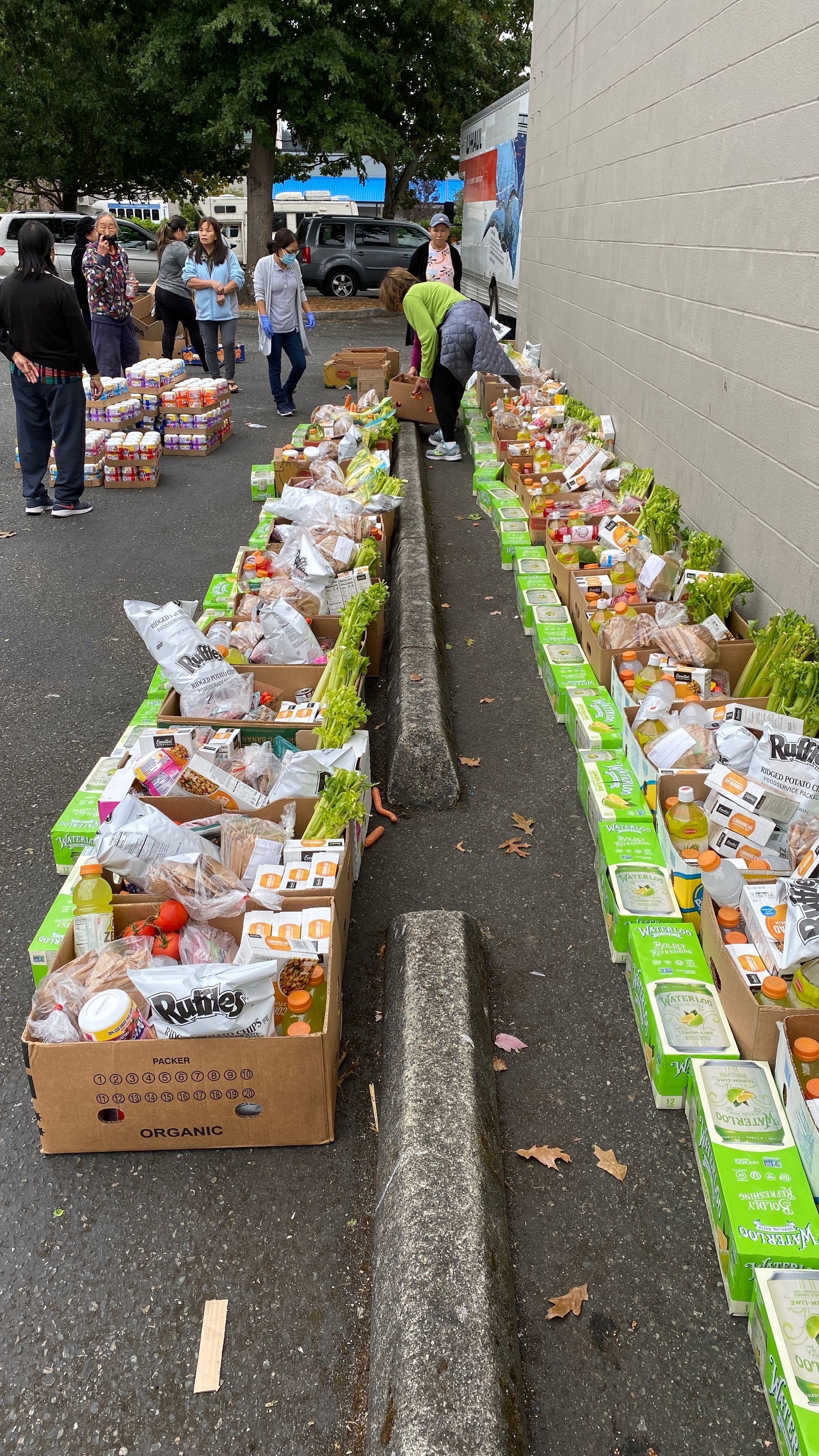 A bunch of boxes of food are sitting on the side of the road.