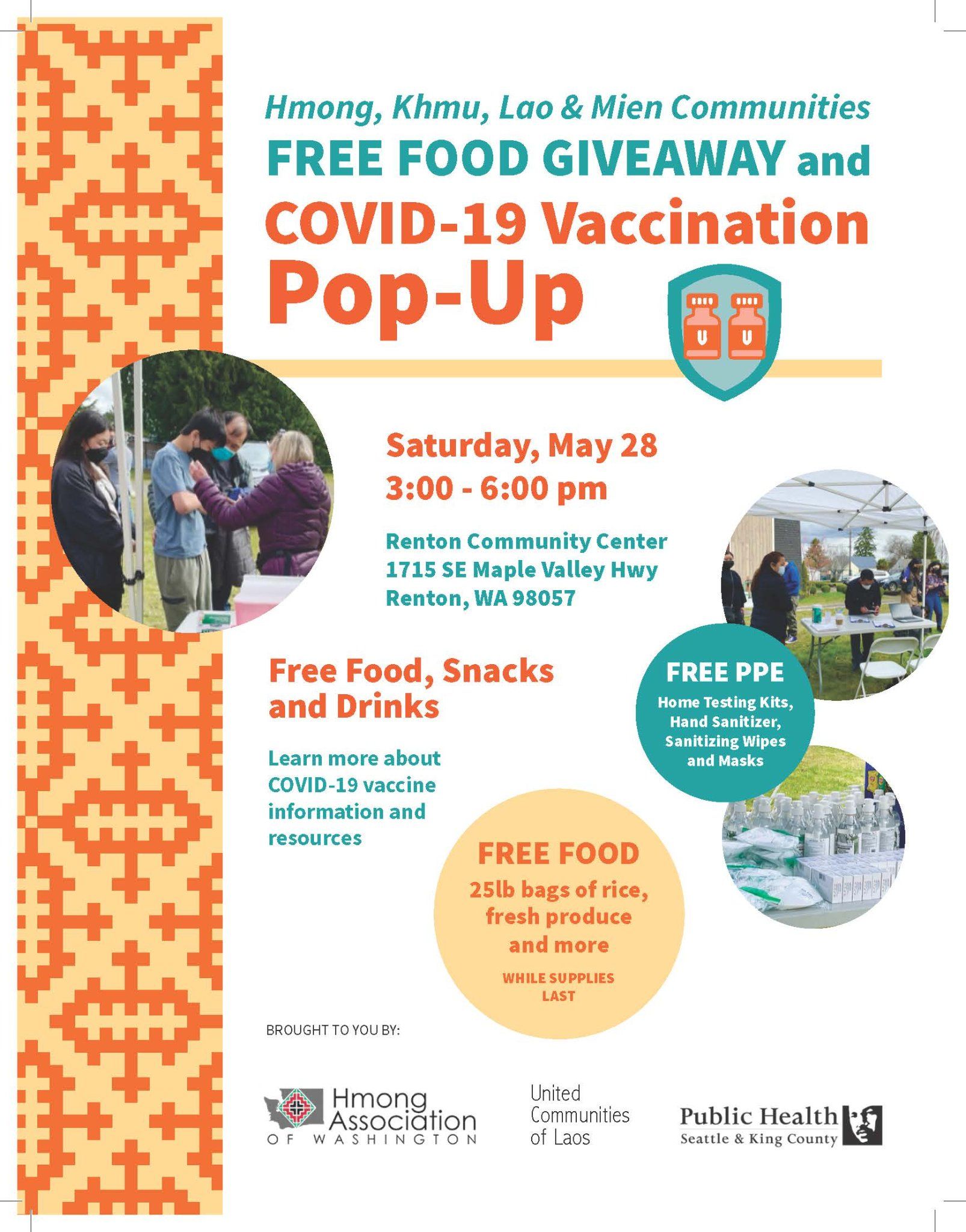 A poster for a free food giveaway and covid-19 vaccination pop-up