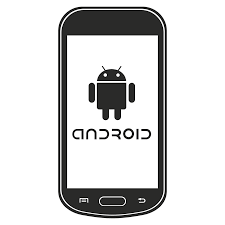 A black and white icon of an android phone on a white background.